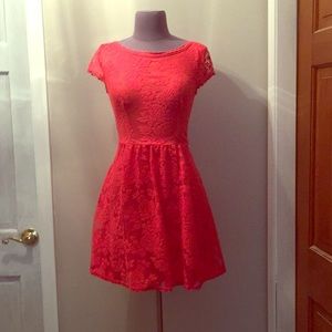 Coral lace cap sleeve dress